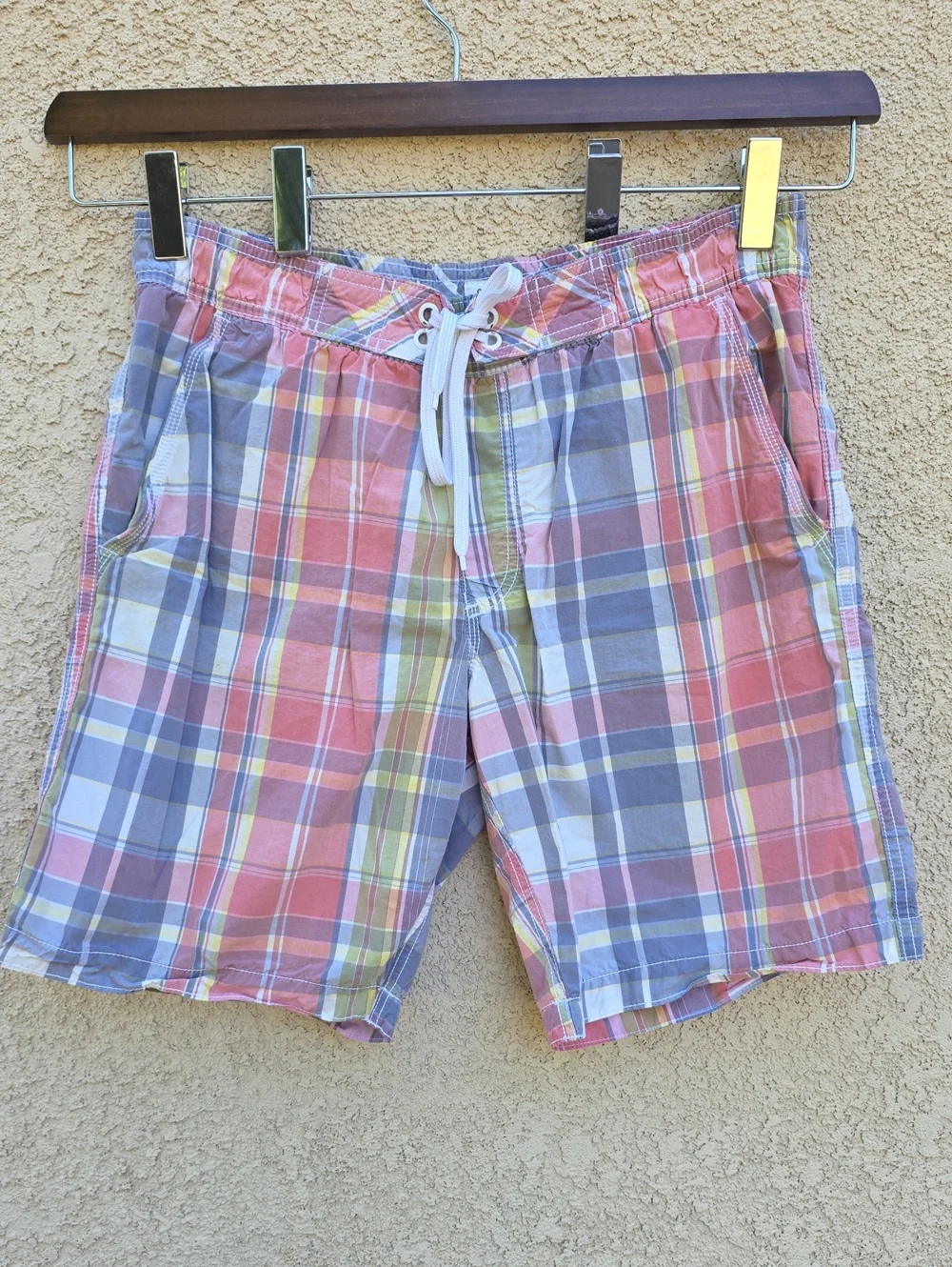 Plaid Drawstring Swim Trunks in Coral, Blue & Yellow